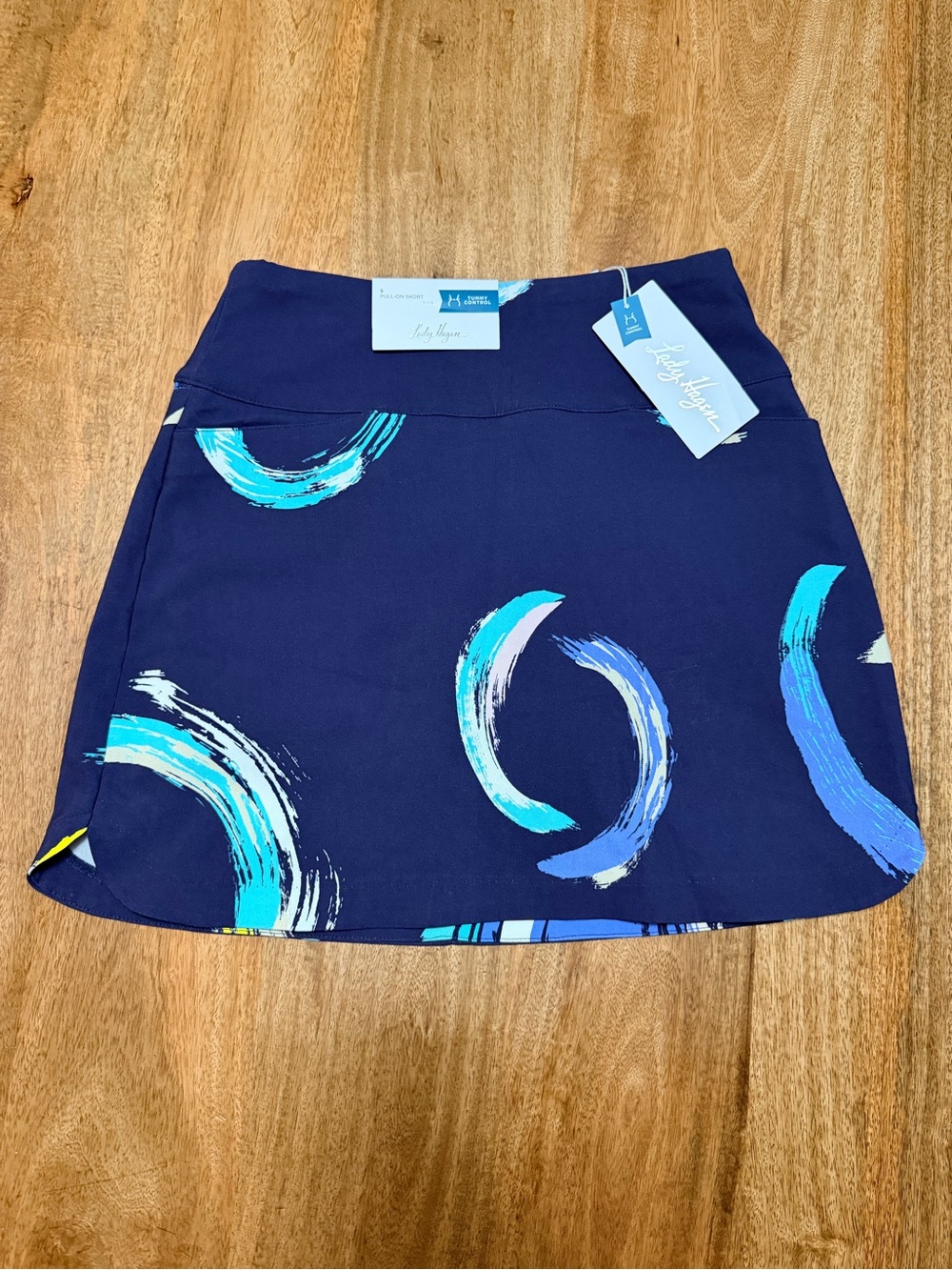 Lady Hagen Navy Mini Skort with Teal & Aqua Brushstroke Print